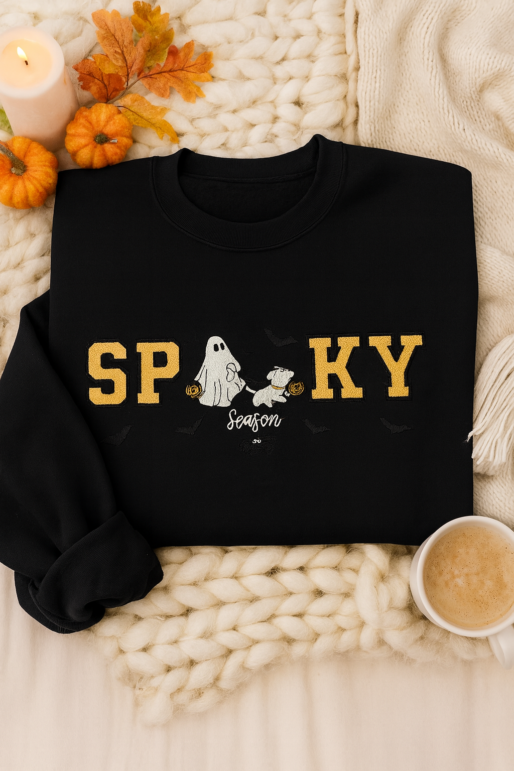 Spooky Season Embroidered Sweatshirt | Ghost & Dog Halloween Crewneck | Cozy Fall Pullover