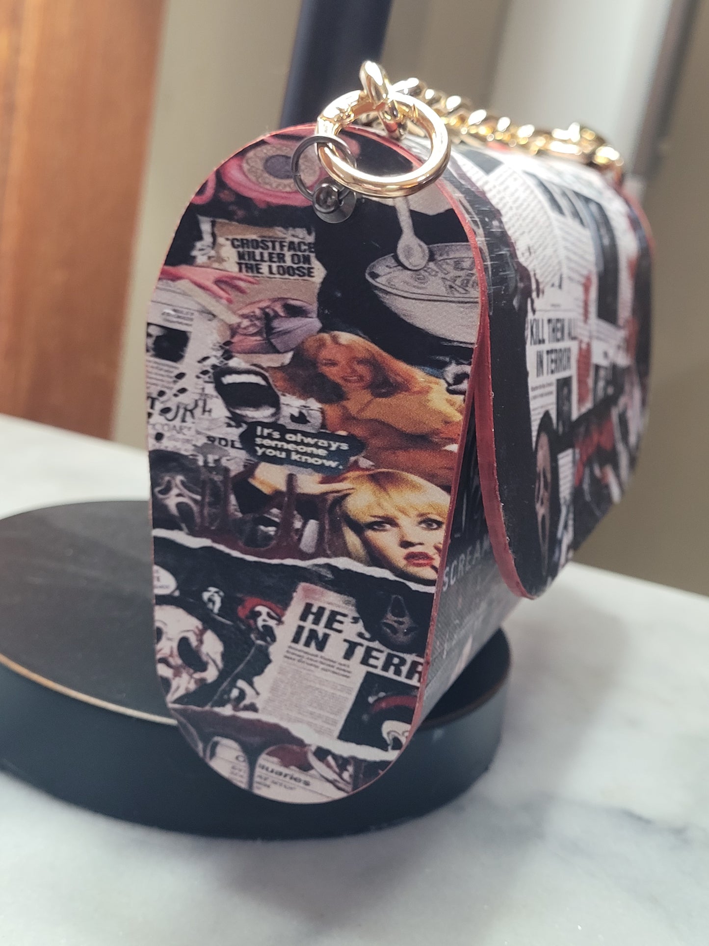 Midnight Horror Collage Handmade Wooden Crossbody Purse