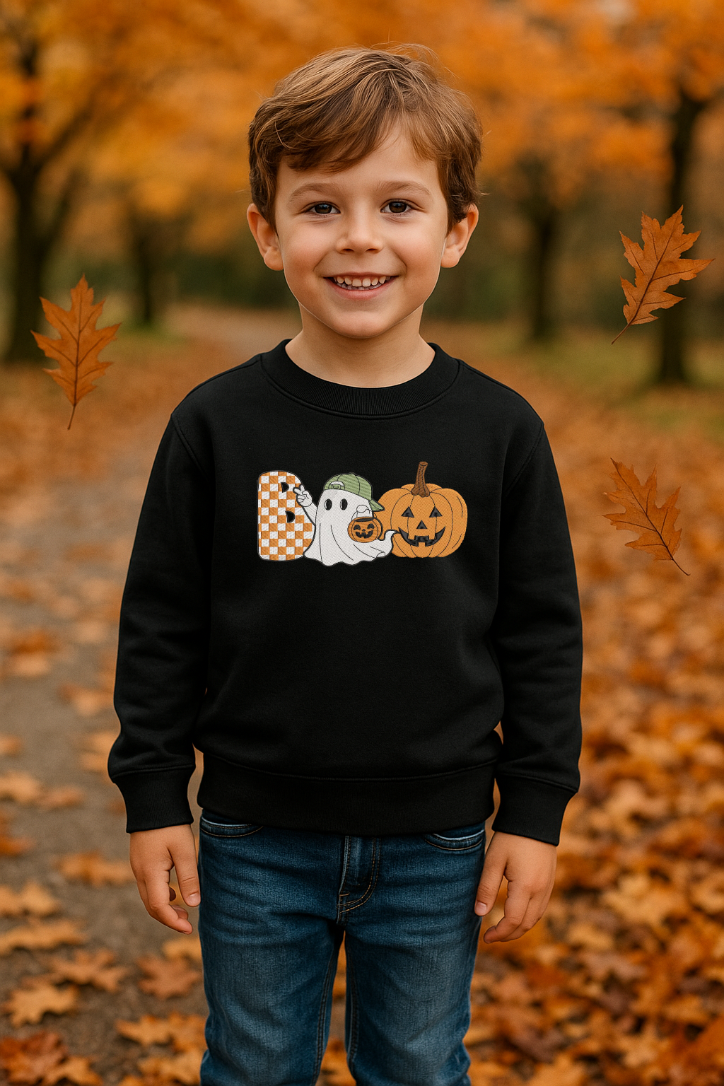 Kids Halloween Ghost & Pumpkin Embroidered Crewneck | Cozy Fall Sweatshirt for Toddlers & Kids
