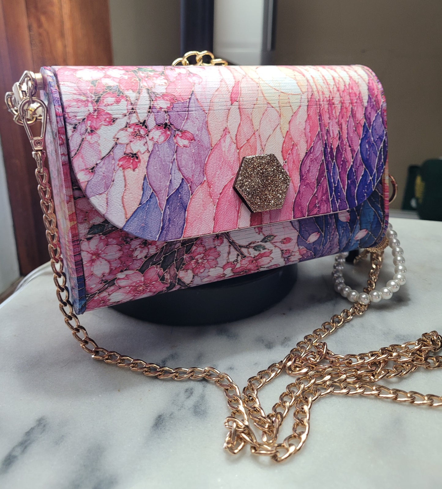 Cherry Blossom Boutique Wooden Crossbody Purse | Handmade Statement Bag | Gold Chain & Pearl Handle