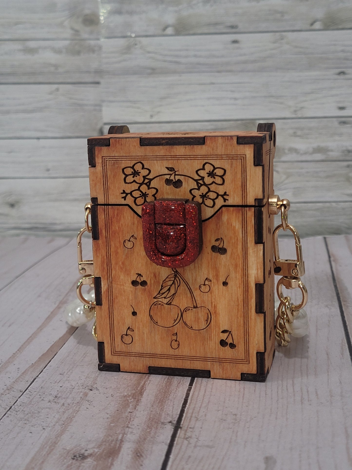 Cherry Blossom Wooden Purse – Handmade Laser Engraved Clutch with Glitter Clasp