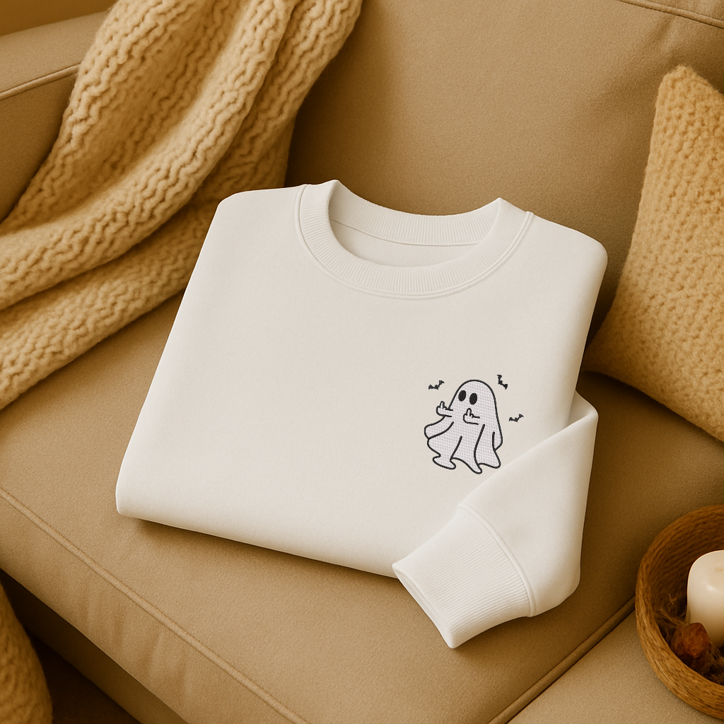 Cozy Beige Ghost Sweatshirt – Minimalist Embroidered Halloween Crewneck