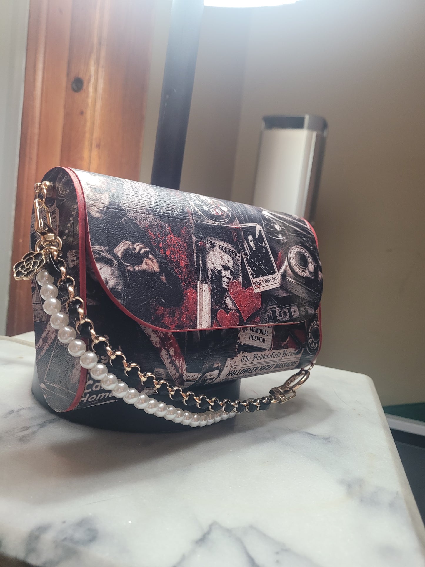 Vintage Horror Collage Wooden Purse | Handmade Spooky Statement Bag | Gothic Halloween Handbag