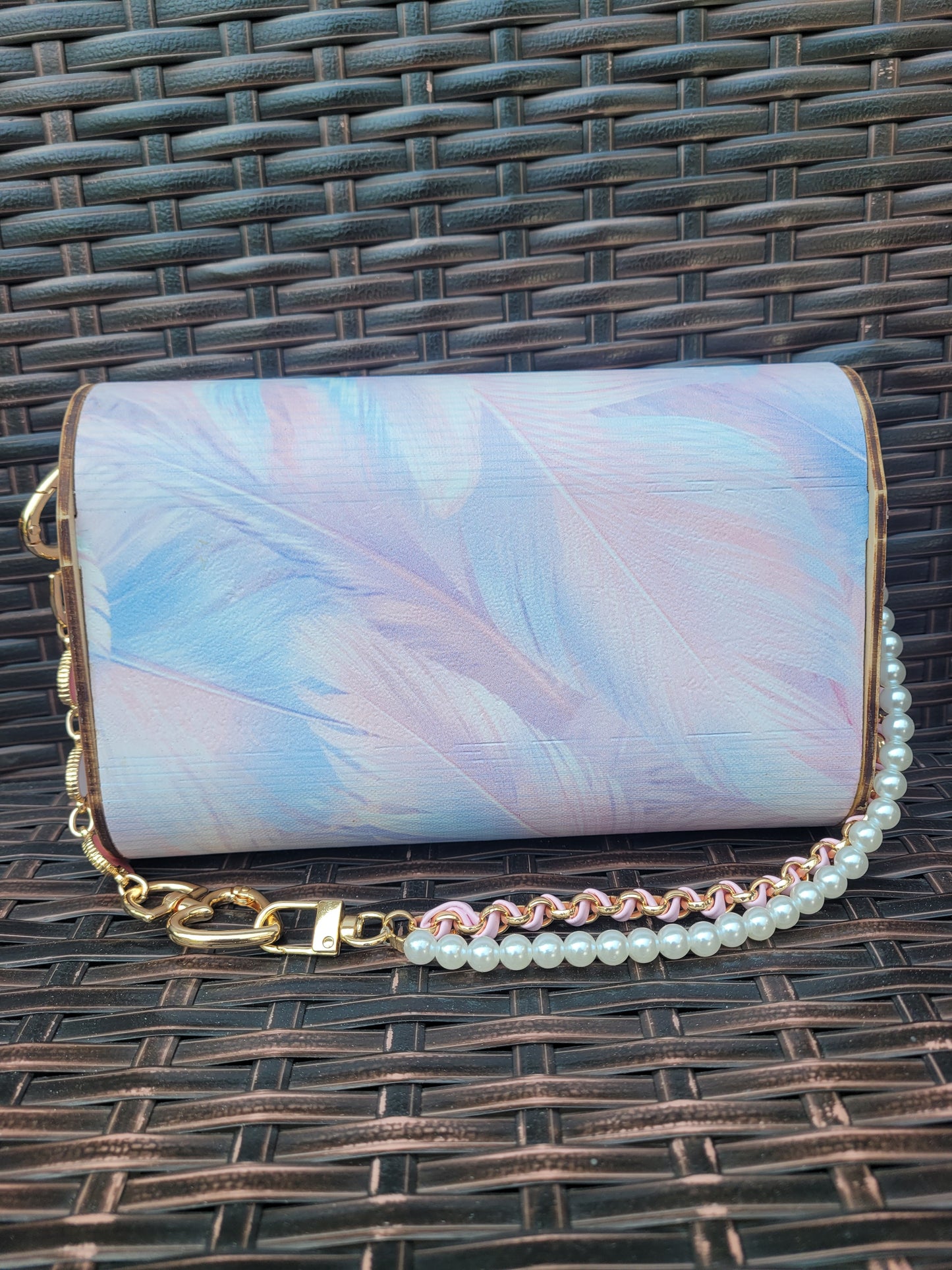 Pastel Feather Wooden Clutch Purse | Handmade Pearl Chain Crossbody Bag