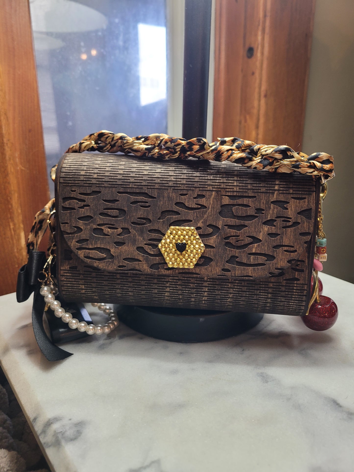 Leopard Print Wooden Clutch Purse – Handmade Wood Handbag with Gold Accent & Chain Strap