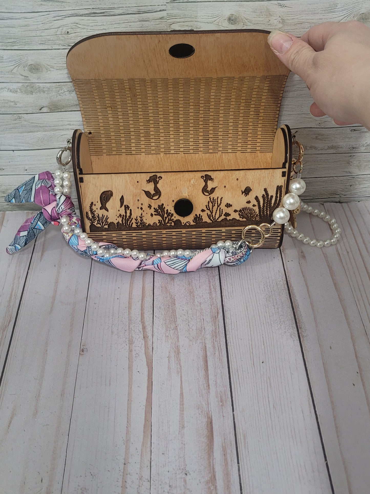 Handmade Engraved Wooden Dolphin Clutch Purse | Pearl Chain & Scarf Strap | Customizable Statement Bag