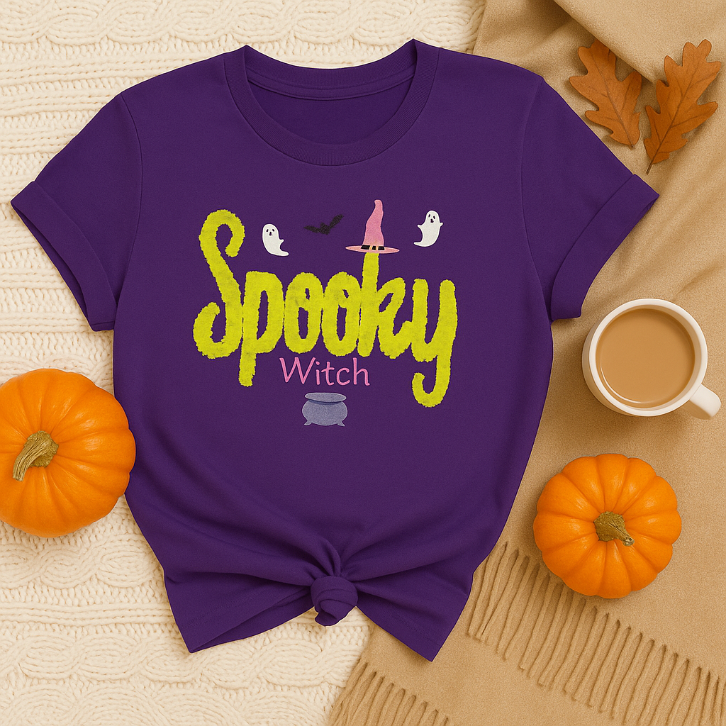 Spooky Witch Halloween T-Shirt – Cute Ghost & Witch Hat Graphic Tee – Fall Pumpkin Season Shirt for Women