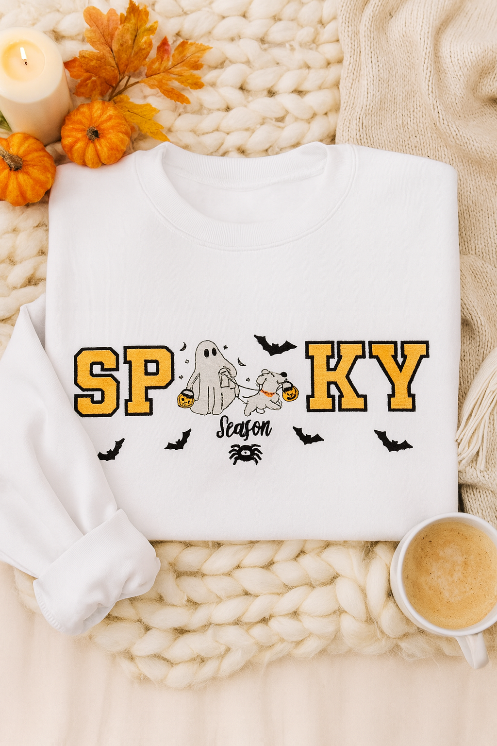 Spooky Season Embroidered Sweatshirt | Ghost & Dog Halloween Crewneck | Cozy Fall Pullover