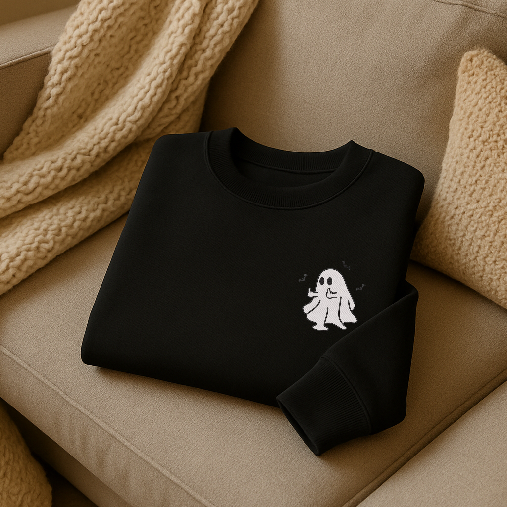 Cozy Beige Ghost Sweatshirt – Minimalist Embroidered Halloween Crewneck