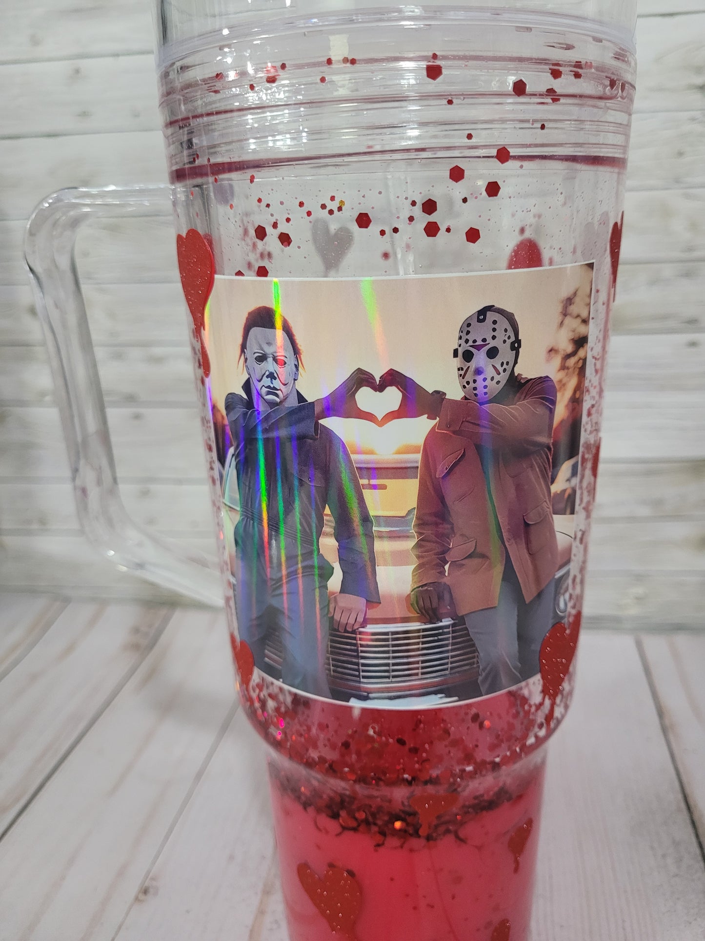 Bloody Valentine Horror Couple Snow Globe Tumbler – Michael Myers & Jason Glitter Cup – Creepy Cute Horror Movie Gift