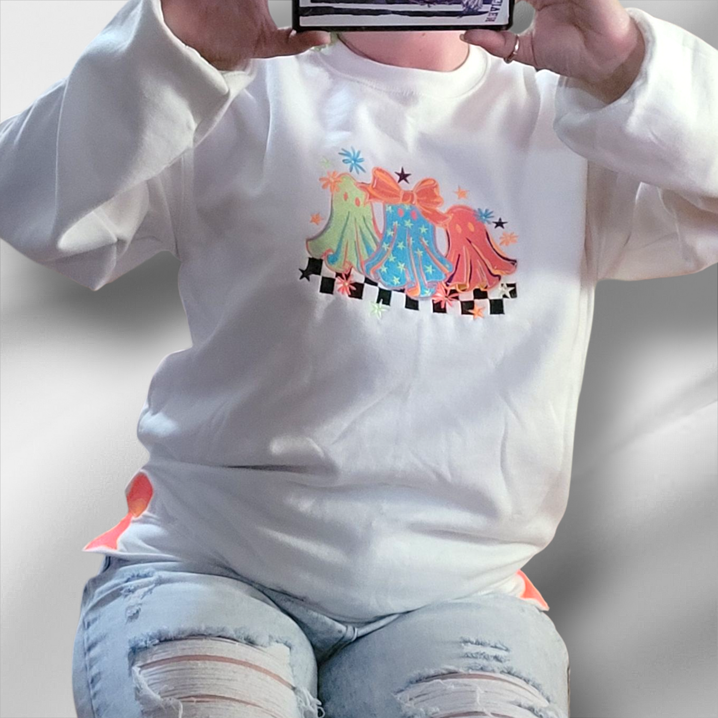 Cozy Ghost Trio Sweatshirt with Neon Bow Sleeve Accents – Handmade Embroidered Crewneck