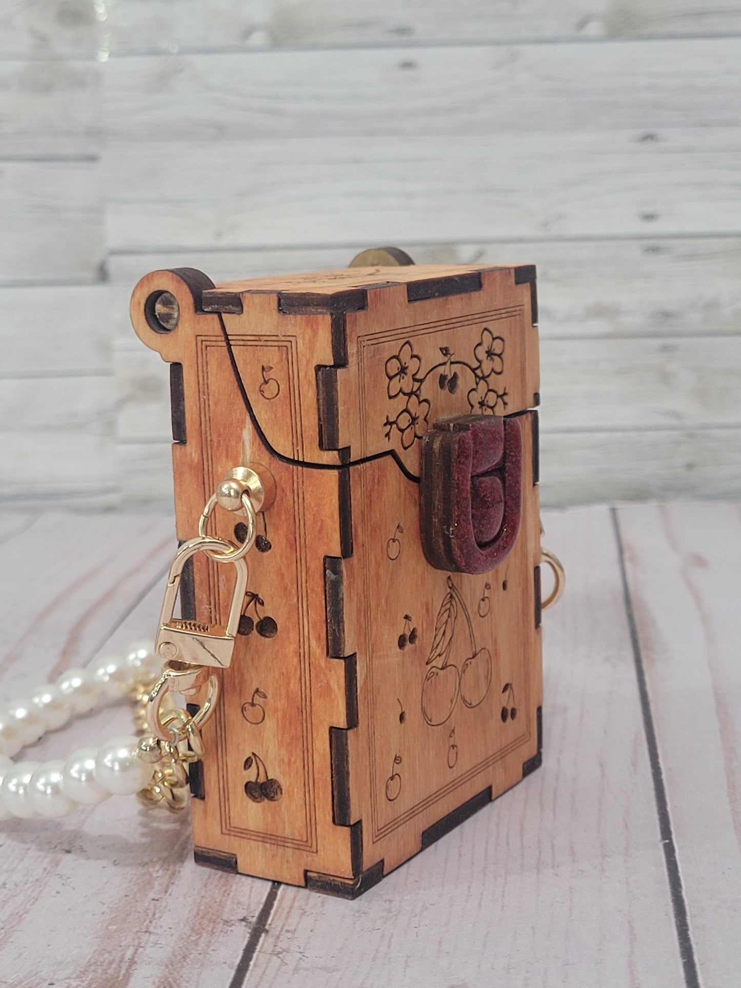 Cherry Blossom Wooden Purse – Handmade Laser Engraved Clutch with Glitter Clasp
