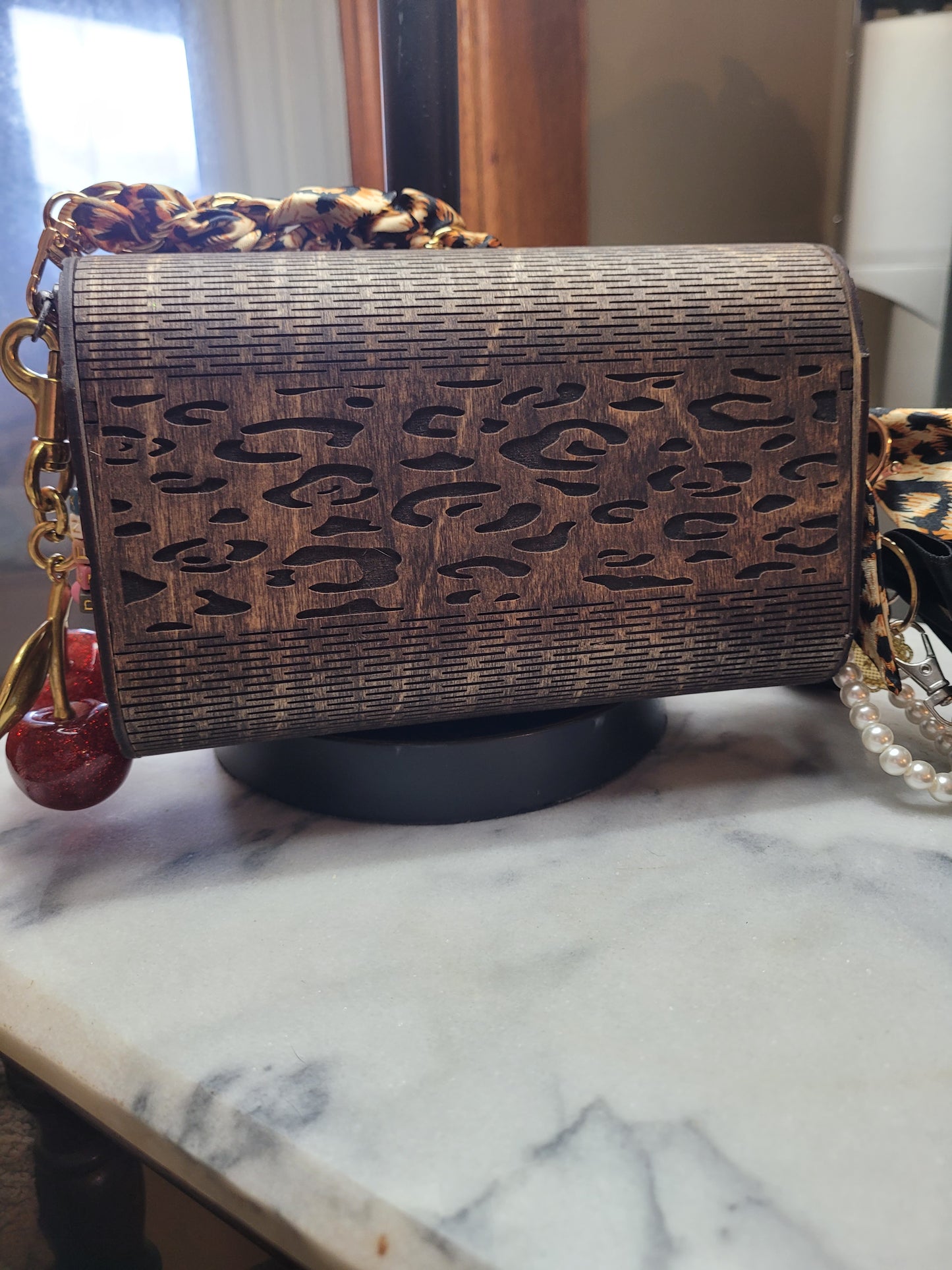 Leopard Print Wooden Clutch Purse – Handmade Wood Handbag with Gold Accent & Chain Strap