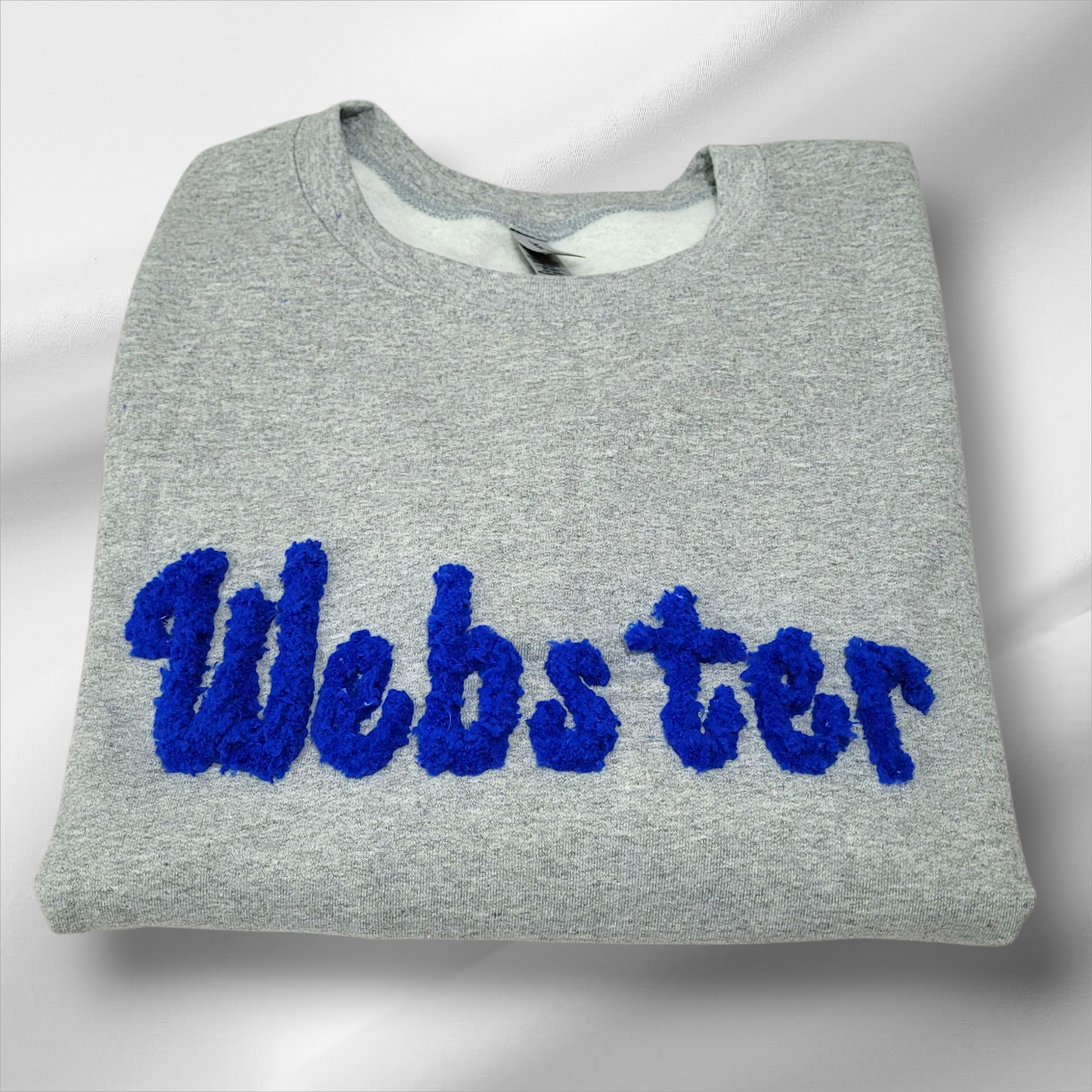 Custom “Webster” Chenille Letter Sweatshirt – Cozy Gray Crewneck with Blue Puff Letters | Personalized School or Team Spirit Sweater