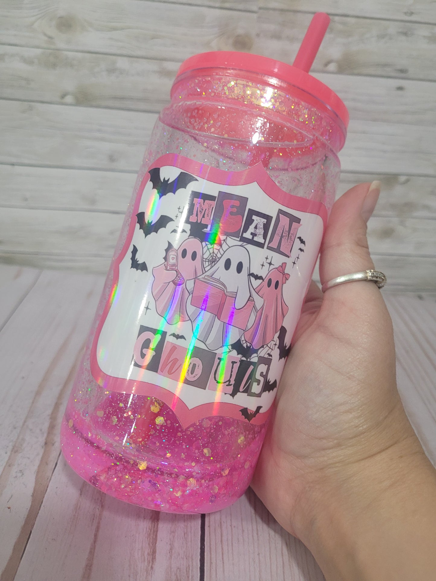 Mean Ghouls Glitter Tumbler with Straw | Pink Halloween Cup | Spooky Ghosts Drinkware