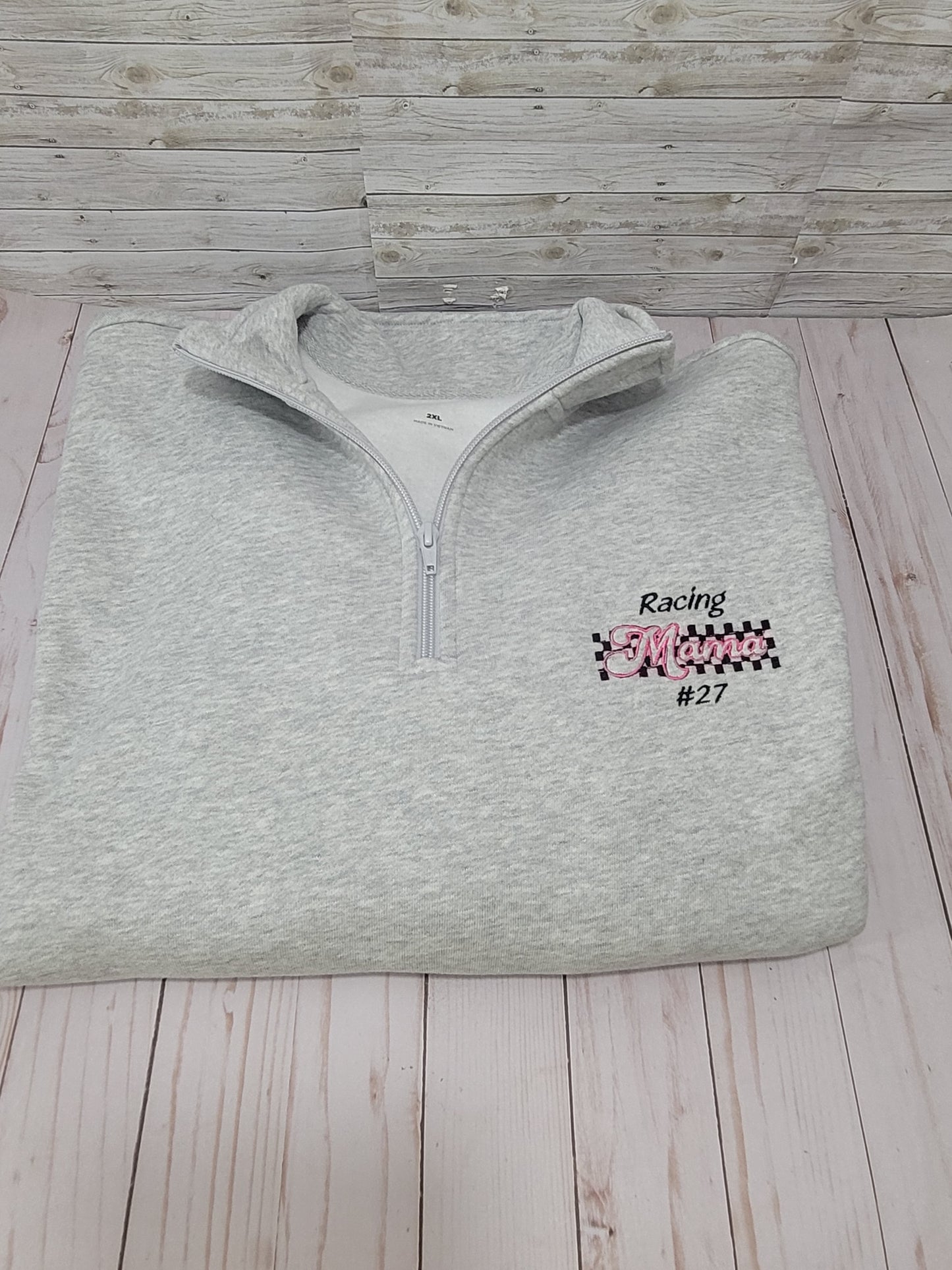 Personalized Racing Mama Quarter-Zip Sweater with Checkered Bow Sleeves