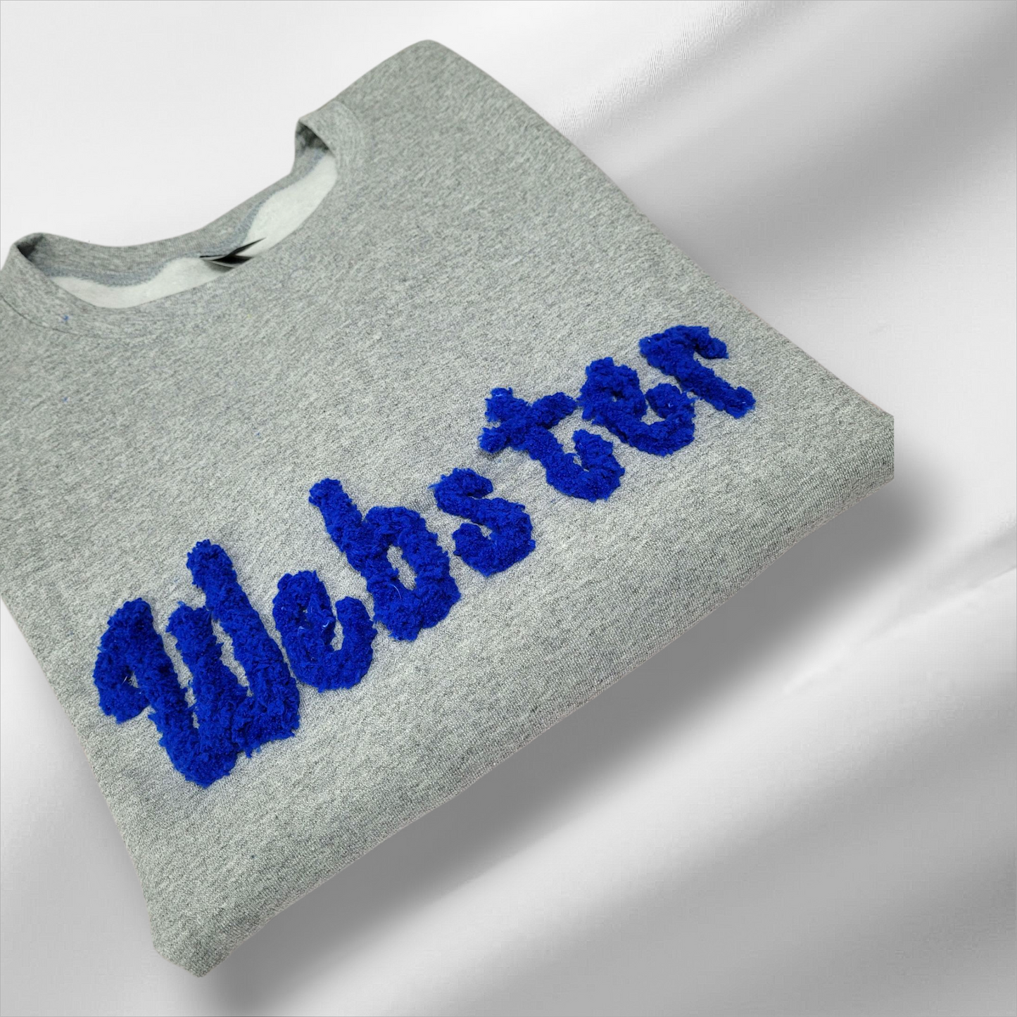 Custom “Webster” Chenille Letter Sweatshirt – Cozy Gray Crewneck with Blue Puff Letters | Personalized School or Team Spirit Sweater