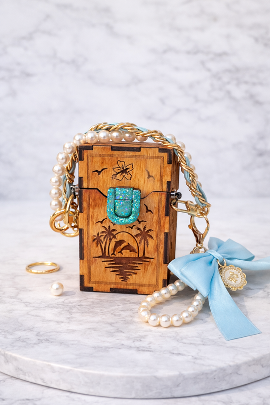 Mini Wooden Clip-On Bag | Engraved Dolphin Design | Pearl Handle | Customizable Add-On Purse