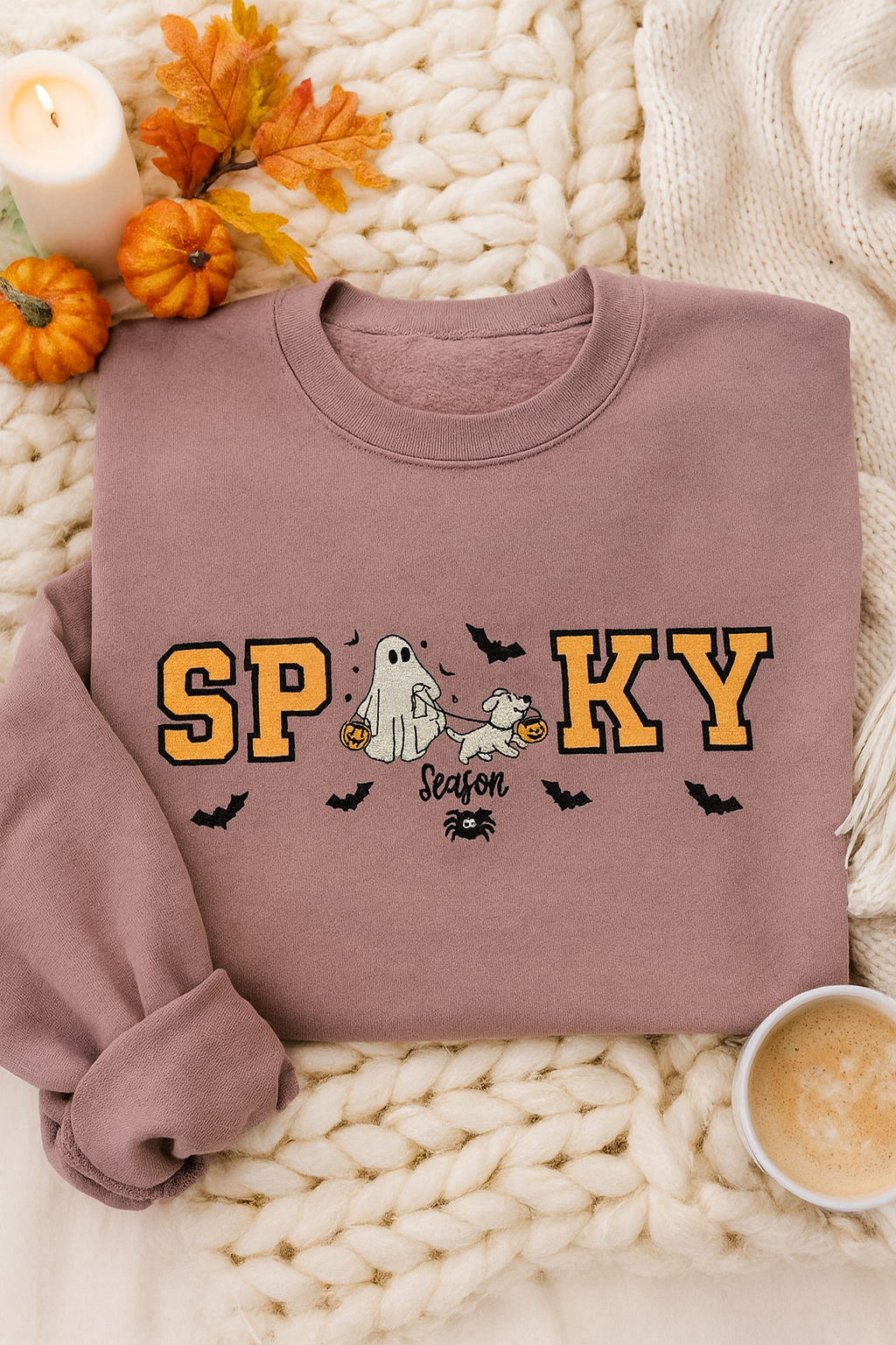 Spooky Season Embroidered Sweatshirt | Ghost & Dog Halloween Crewneck | Cozy Fall Pullover