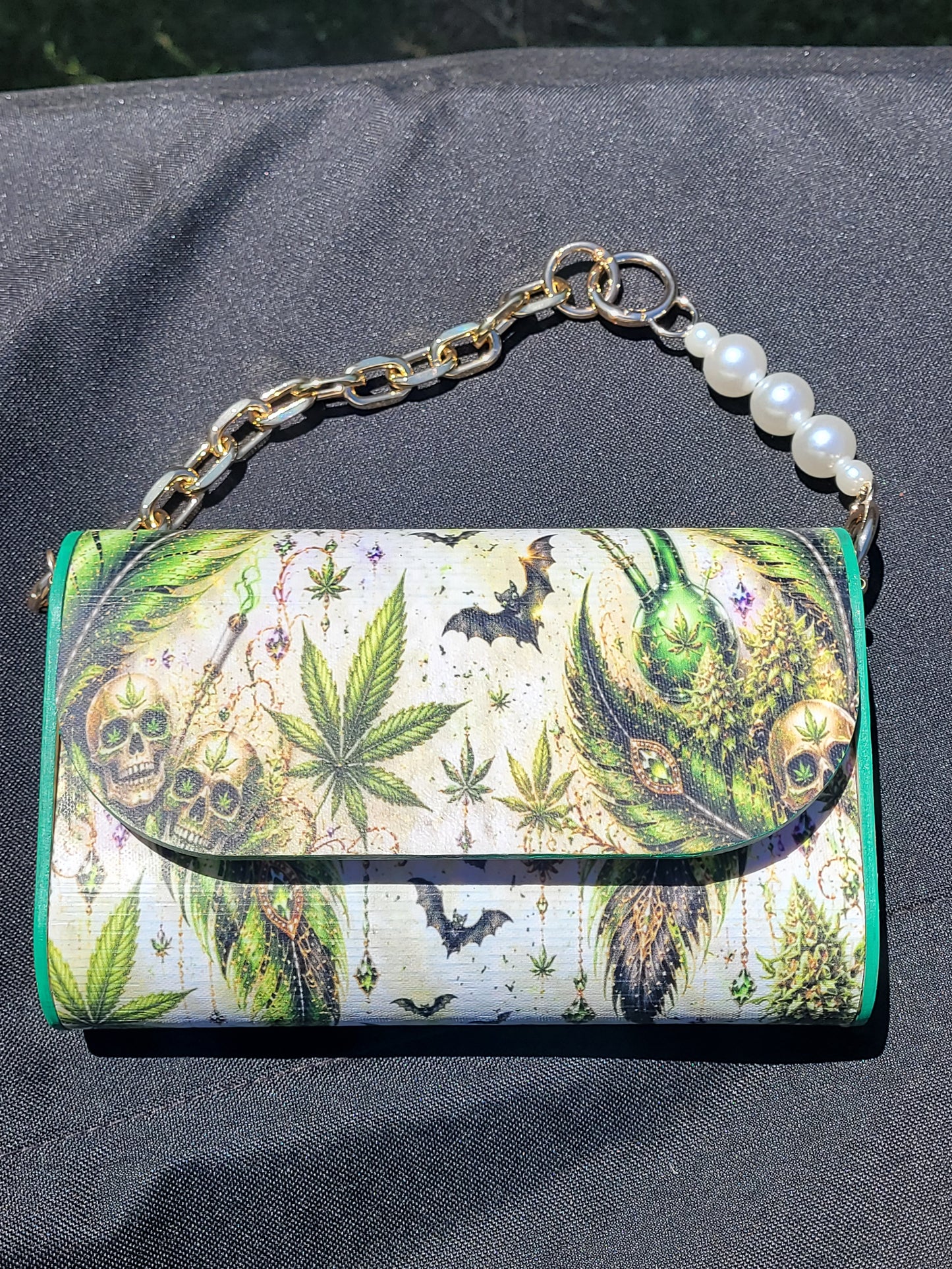 Emerald Mystic Handmade Clutch | Cannabis, Skull & Feather Statement Purse | Gothic Boho Wristlet