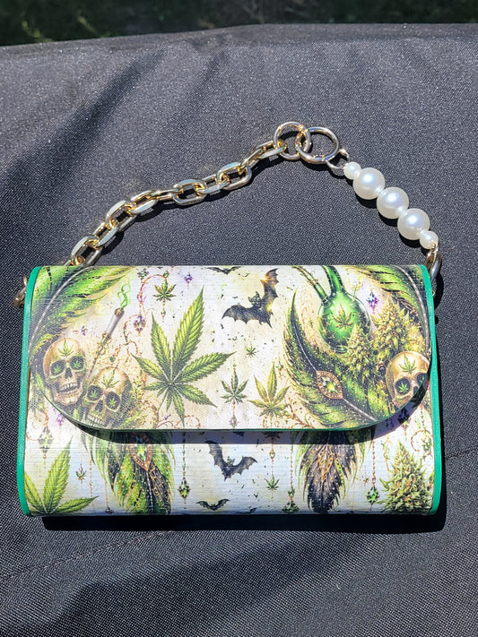 Emerald Mystic Handmade Clutch | Cannabis, Skull & Feather Statement Purse | Gothic Boho Wristlet