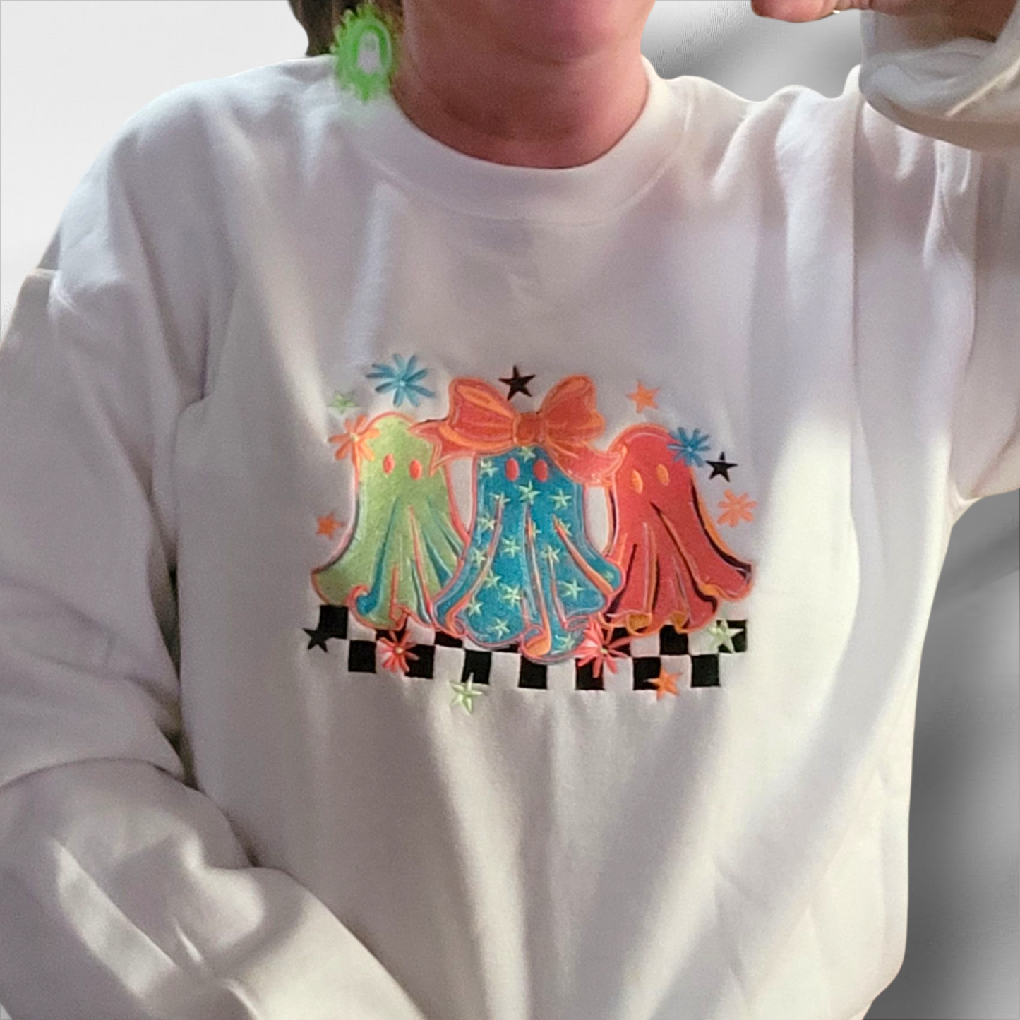 Cozy Ghost Trio Sweatshirt with Neon Bow Sleeve Accents – Handmade Embroidered Crewneck