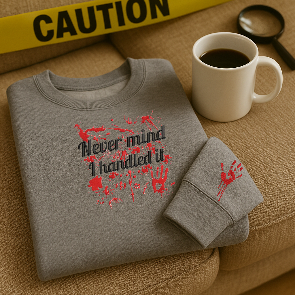 🕵️‍♀️ Embroidered “Never mind, I handled it” Crime Scene Sweater