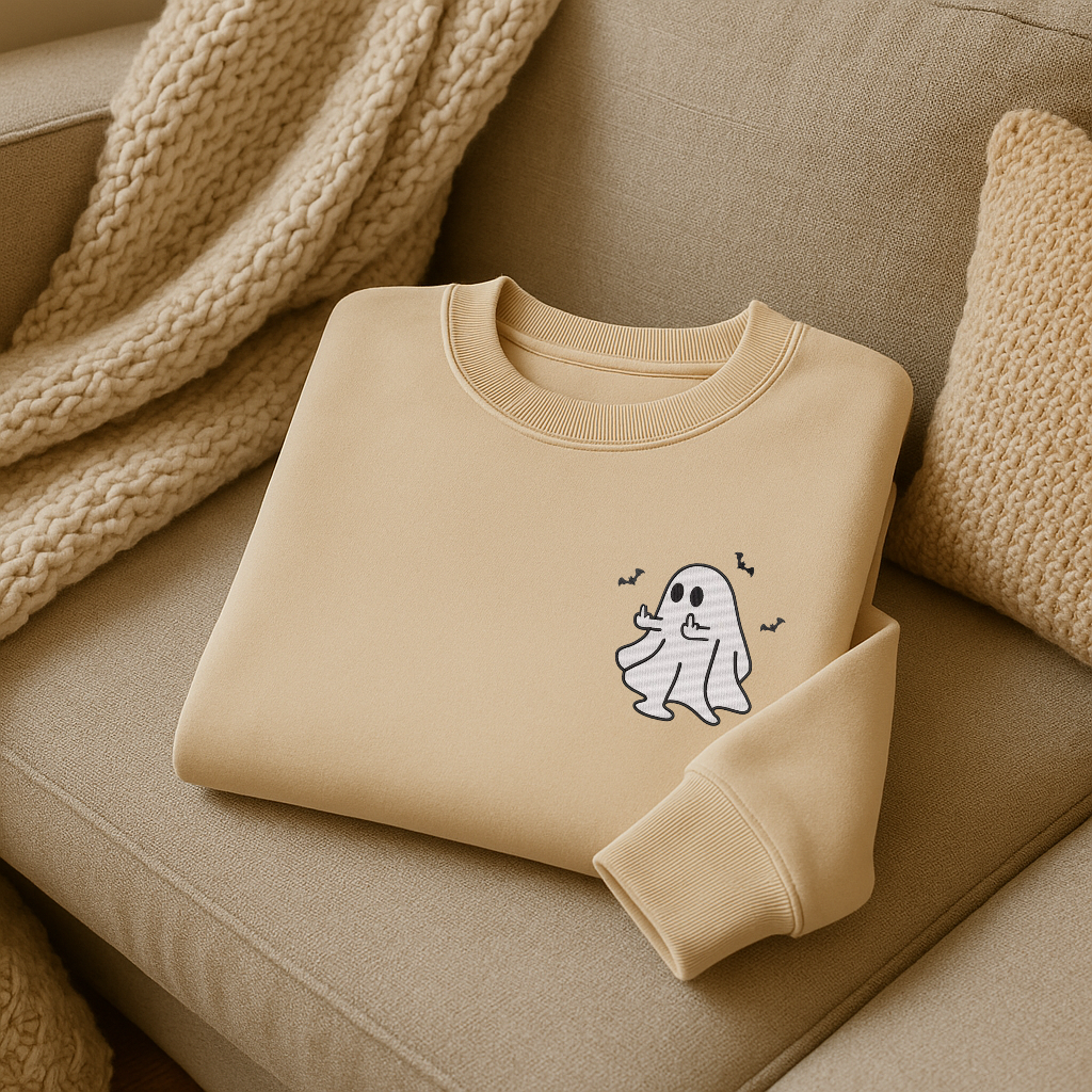 Cozy Beige Ghost Sweatshirt – Minimalist Embroidered Halloween Crewneck