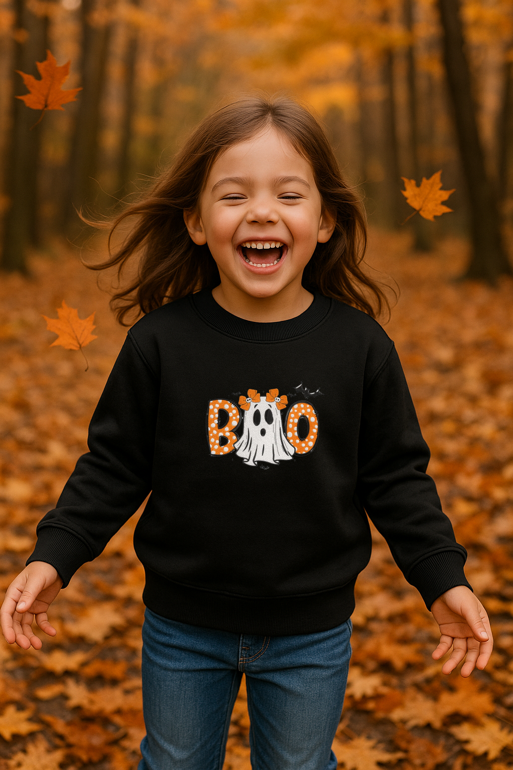 Kids BOO Halloween Embroidered Sweatshirt | Toddler & Youth Fall Crewneck | Spooky Season Outfit