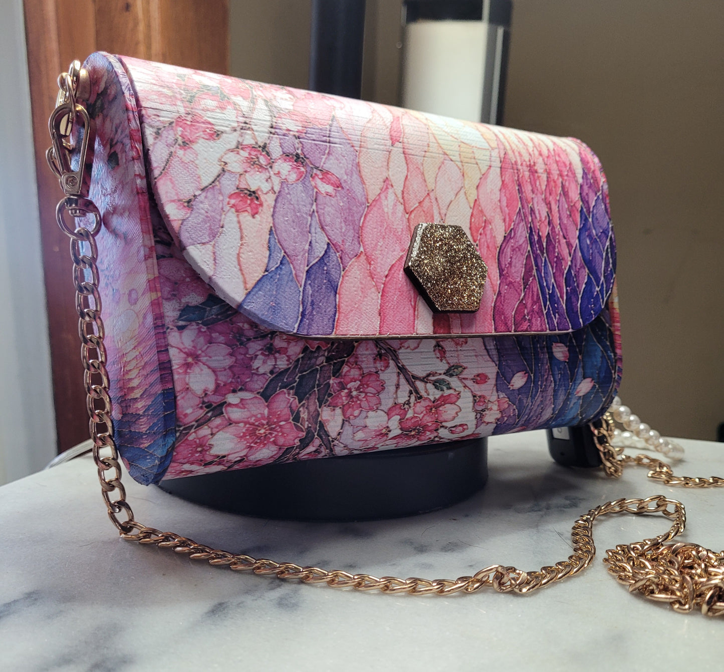 Cherry Blossom Boutique Wooden Crossbody Purse | Handmade Statement Bag | Gold Chain & Pearl Handle