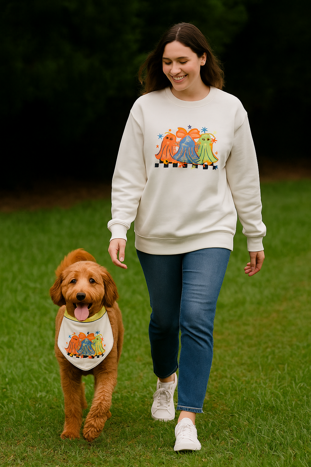 Embroidered Halloween Dog Bandana | Ghost Trio Pet Scarf | Cute Fall Dog Accessory