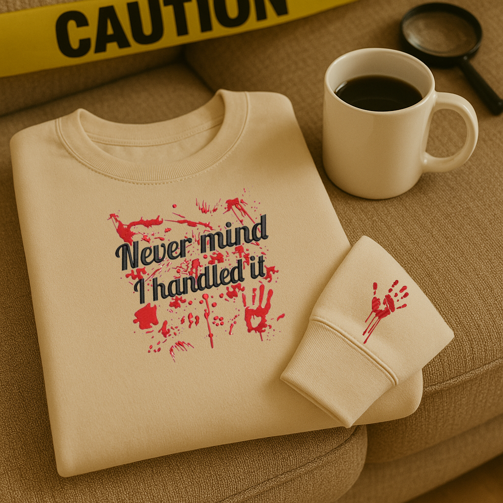 🕵️‍♀️ Embroidered “Never mind, I handled it” Crime Scene Sweater