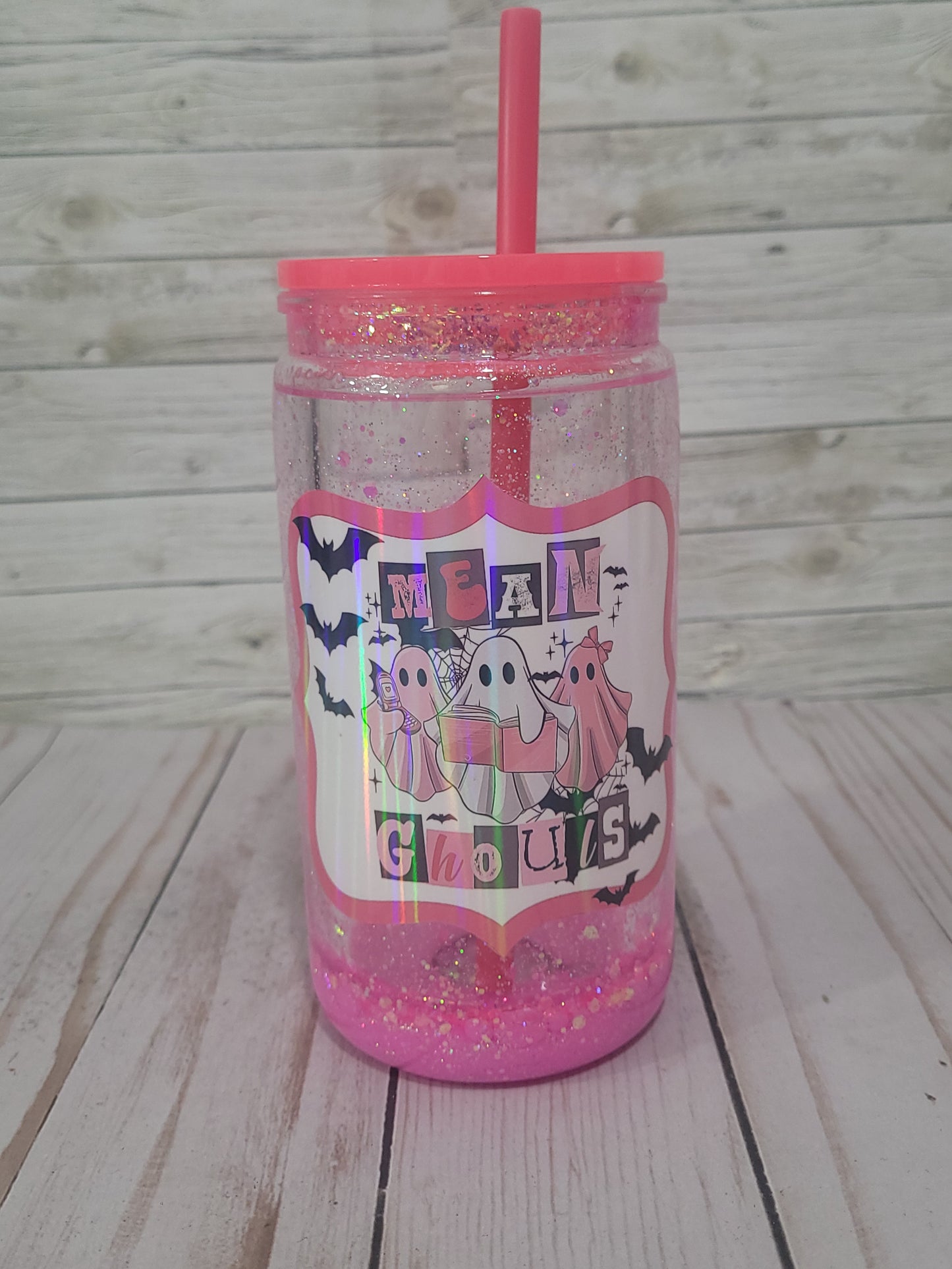 Mean Ghouls Glitter Tumbler with Straw | Pink Halloween Cup | Spooky Ghosts Drinkware