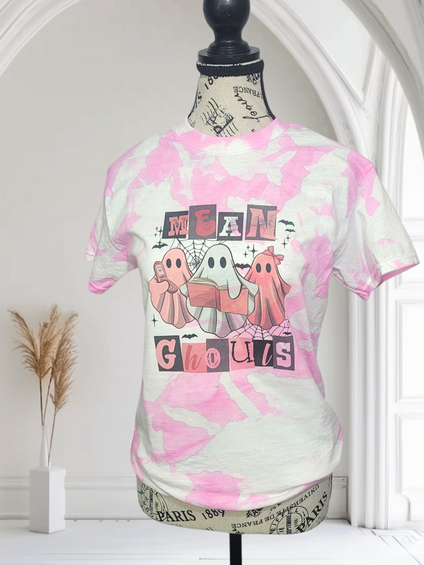 Mean Ghouls Tie-Dye Halloween T-Shirt – Handmade Pink & White Spooky Tee