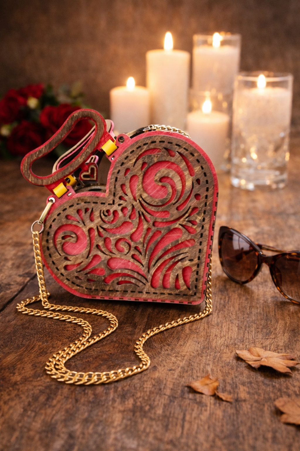 Handmade Wooden Heart Purse – Red & Brown Laser Cut Bag