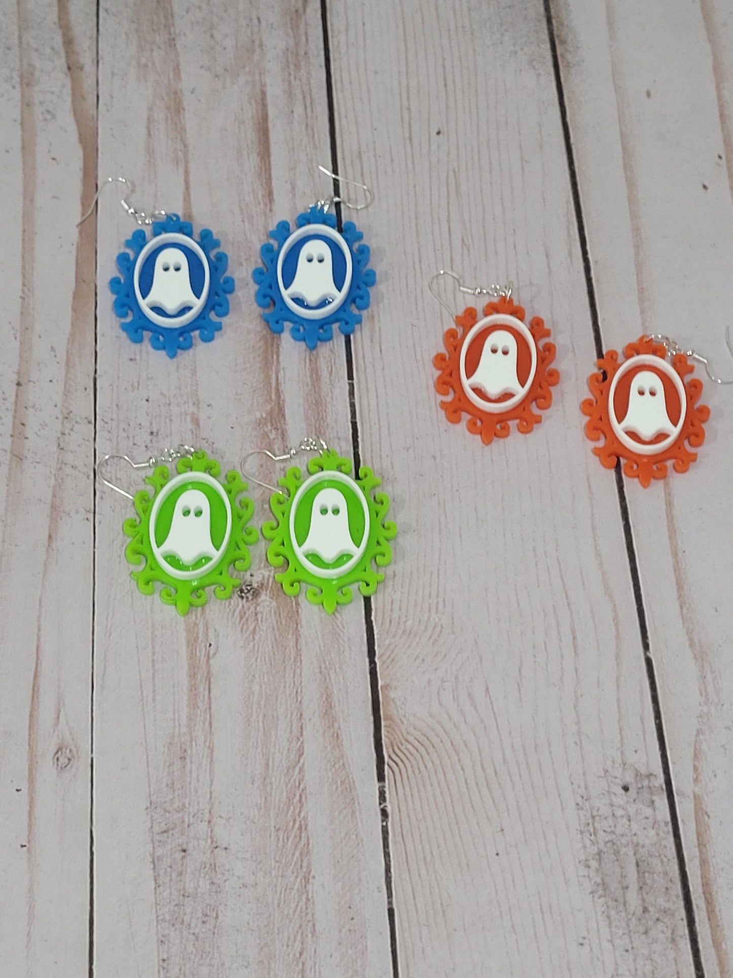 Spooky Ghost Halloween Earrings – Acrylic Statement Jewelry (Orange, Blue, Green)