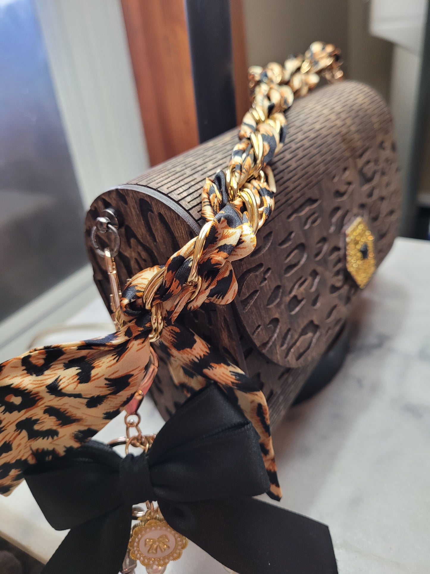 Leopard Print Wooden Clutch Purse – Handmade Wood Handbag with Gold Accent & Chain Strap