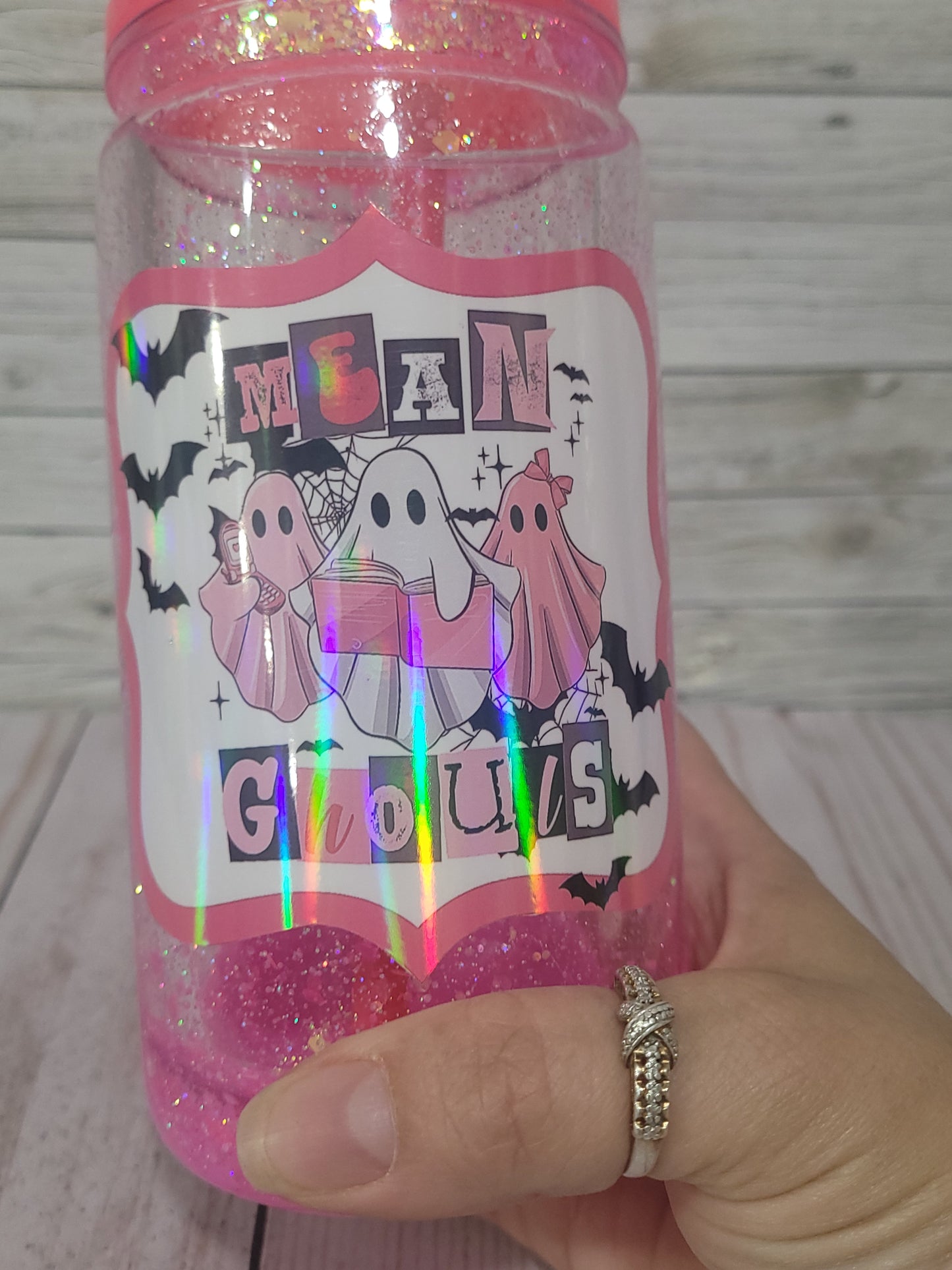 Mean Ghouls Glitter Tumbler with Straw | Pink Halloween Cup | Spooky Ghosts Drinkware