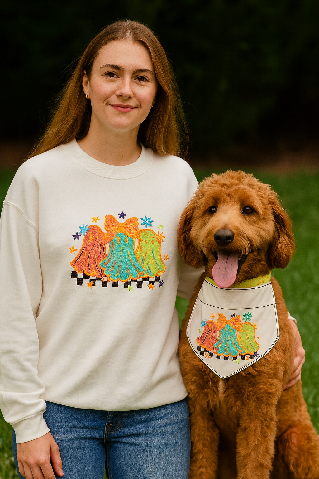 Embroidered Halloween Dog Bandana | Ghost Trio Pet Scarf | Cute Fall Dog Accessory