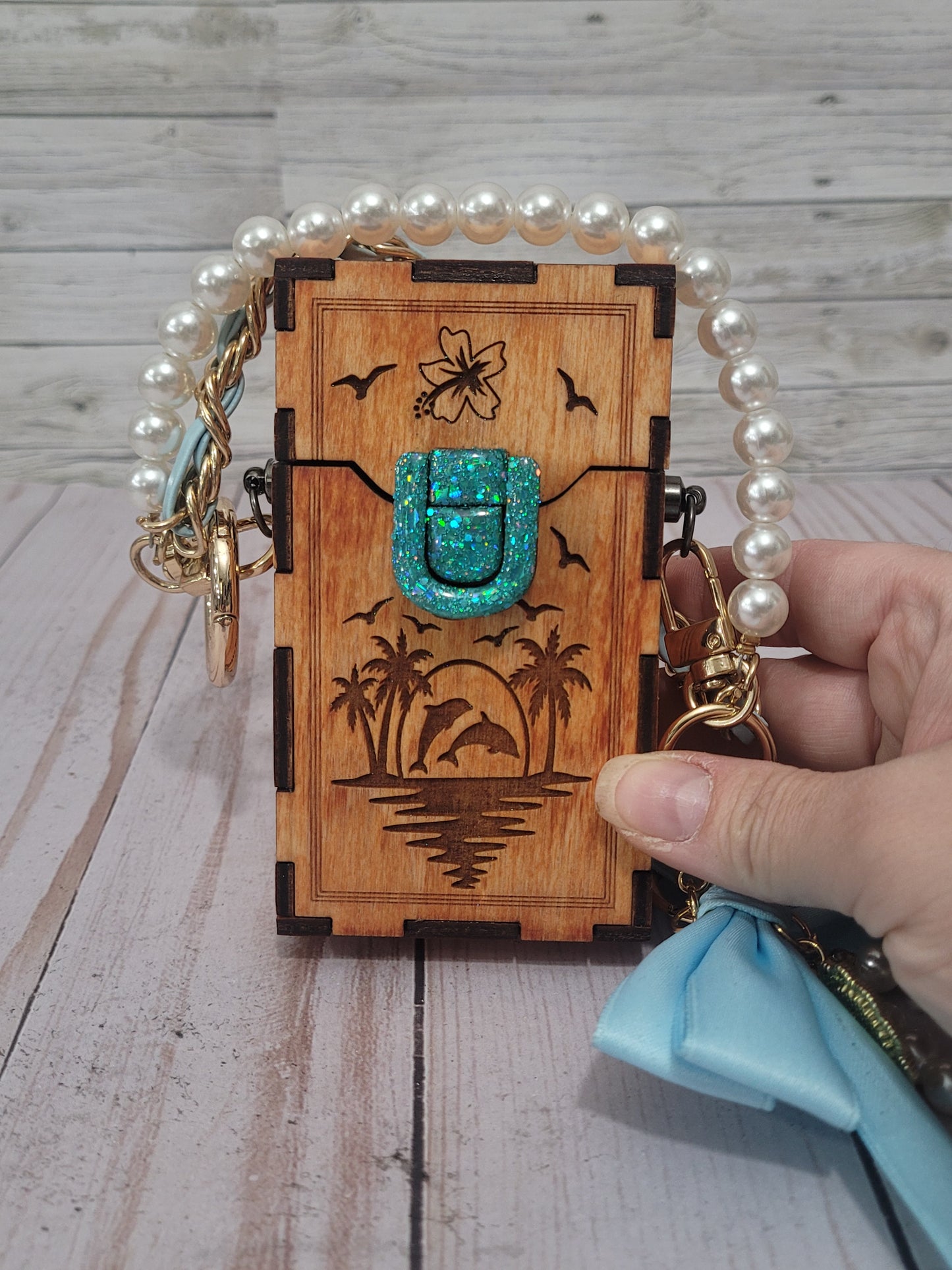 Mini Wooden Clip-On Bag | Engraved Dolphin Design | Pearl Handle | Customizable Add-On Purse