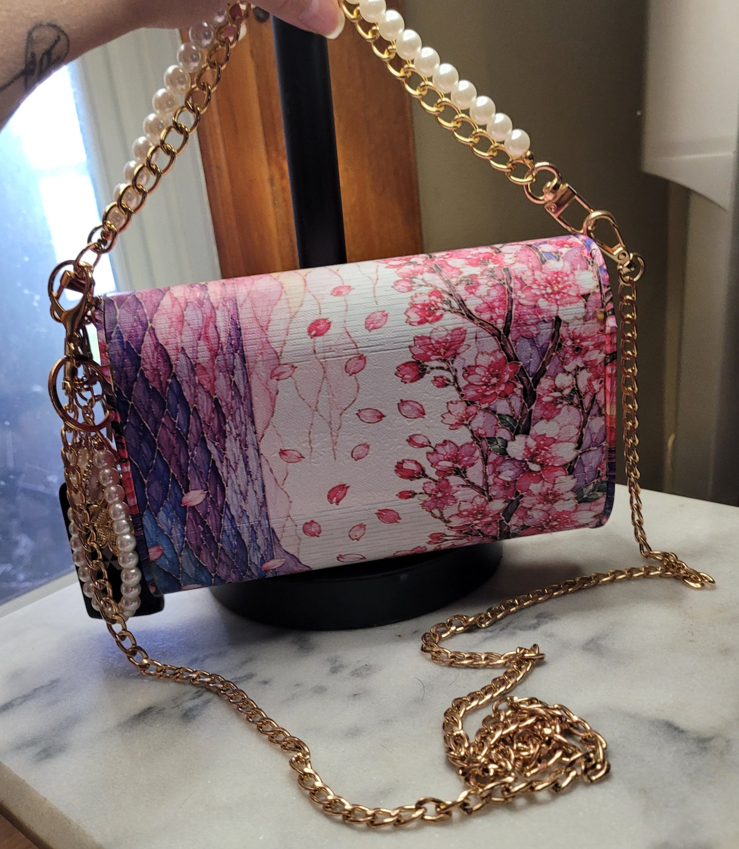 Cherry Blossom Boutique Wooden Crossbody Purse | Handmade Statement Bag | Gold Chain & Pearl Handle