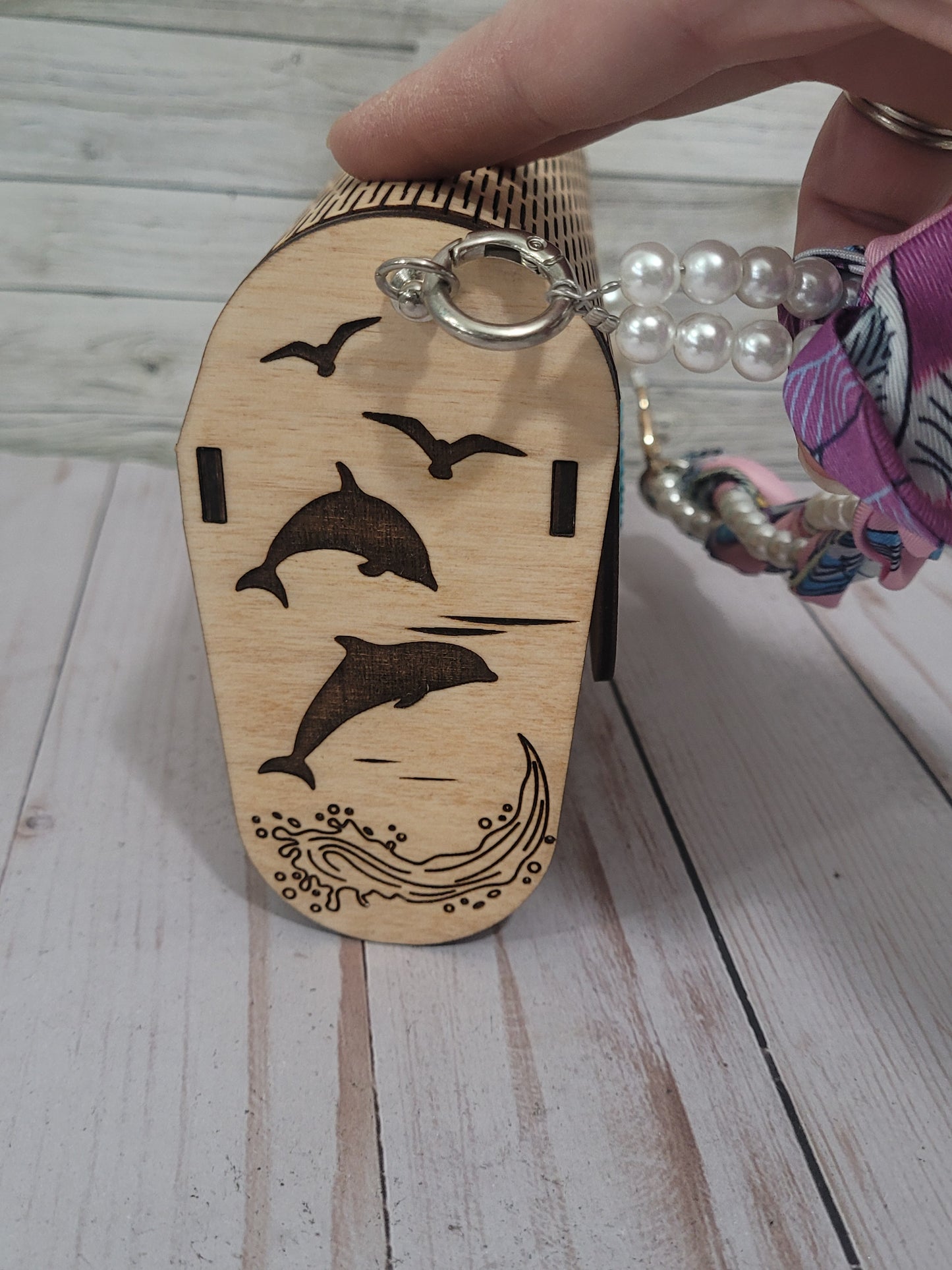 Handmade Engraved Wooden Dolphin Clutch Purse | Pearl Chain & Scarf Strap | Customizable Statement Bag