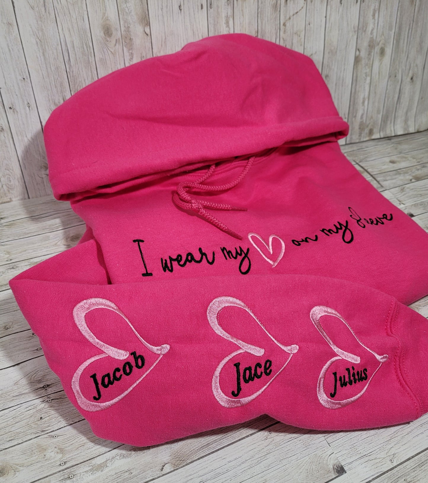 Custom "I Wear My Heart on My Sleeve" Hoodie – Personalized Names Embroidered Sweatshirt