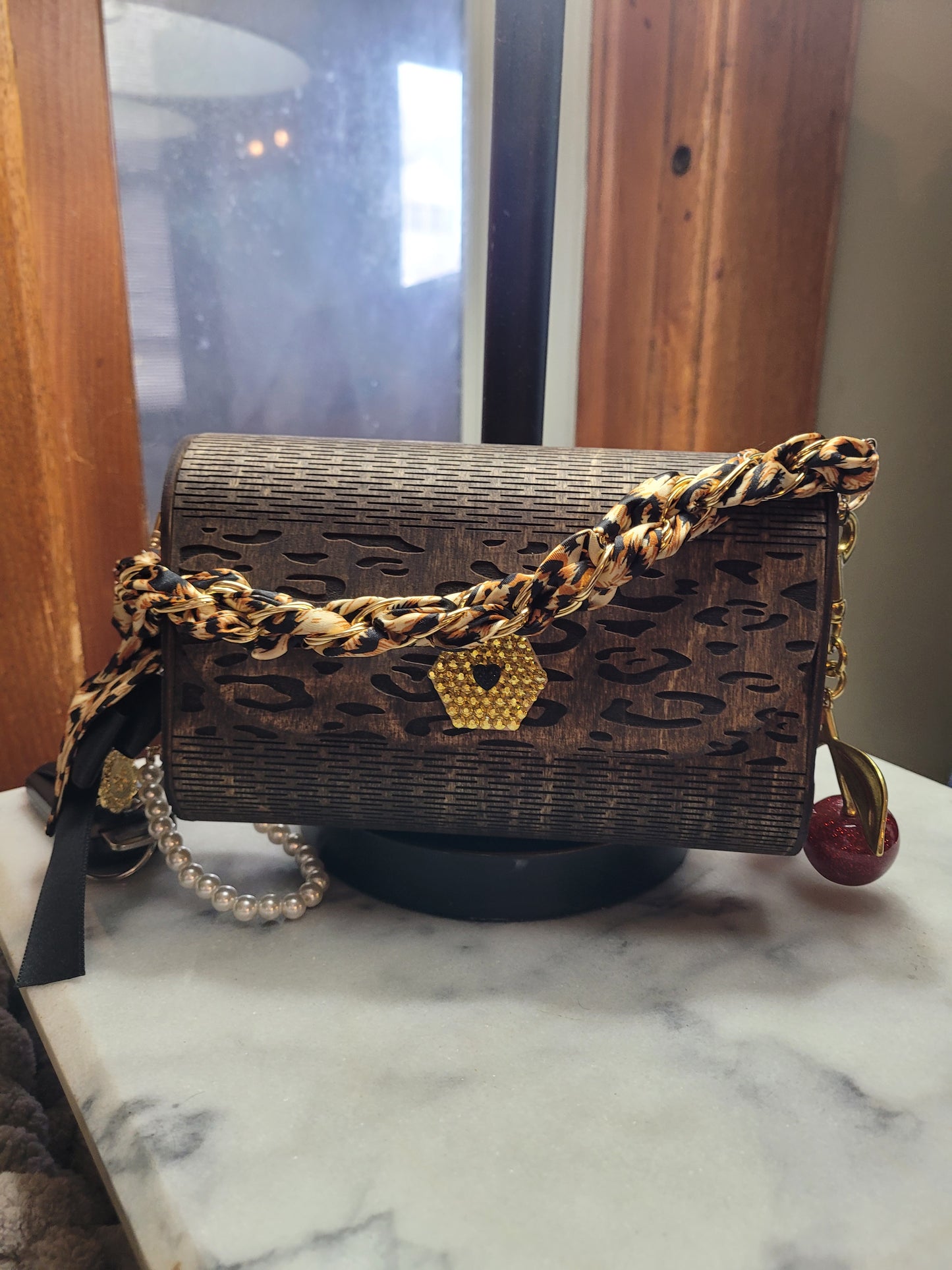 Leopard Print Wooden Clutch Purse – Handmade Wood Handbag with Gold Accent & Chain Strap