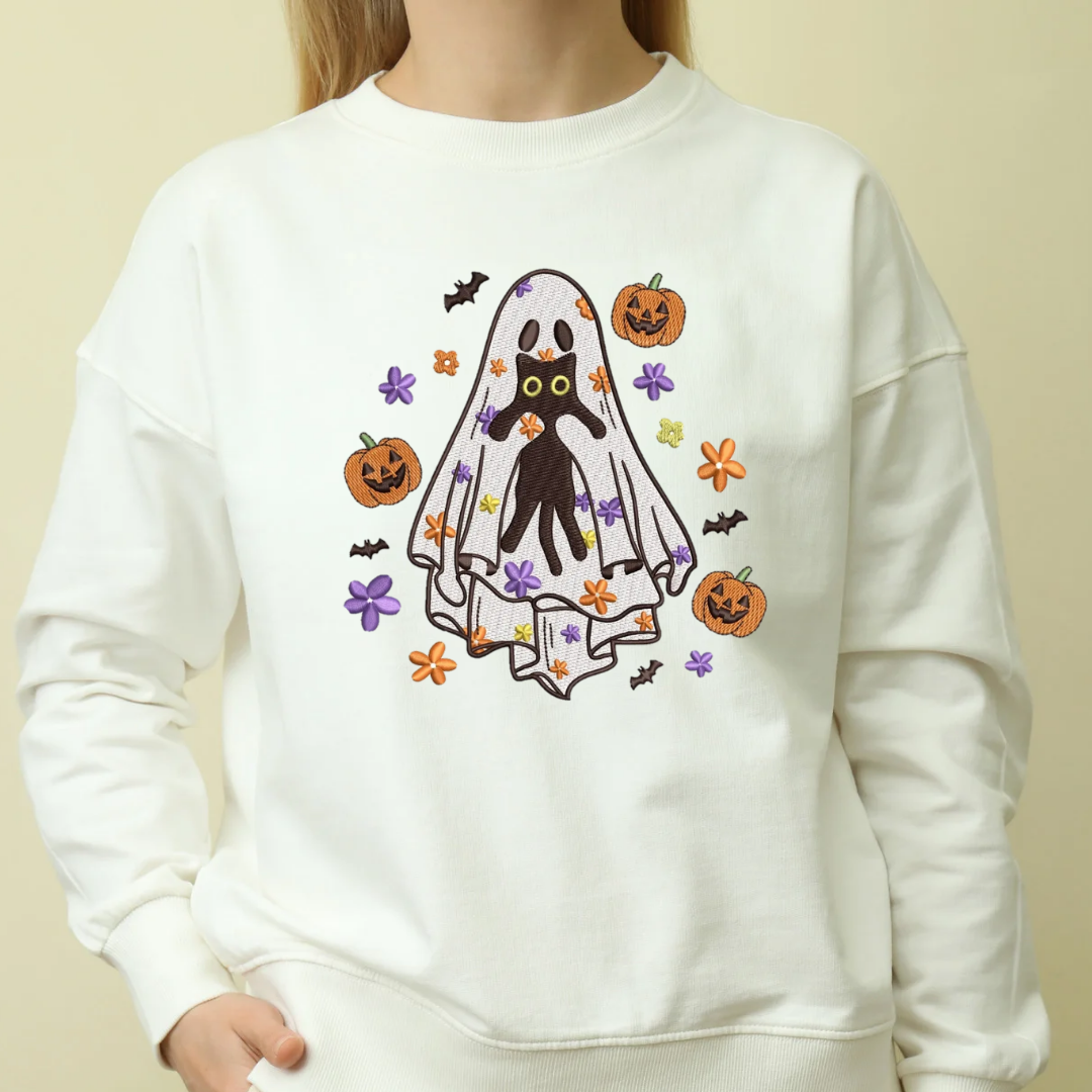 Embroidered Ghost Cat Halloween Sweatshirt | Cozy Fall Crewneck | Pumpkin & Bat Embroidery