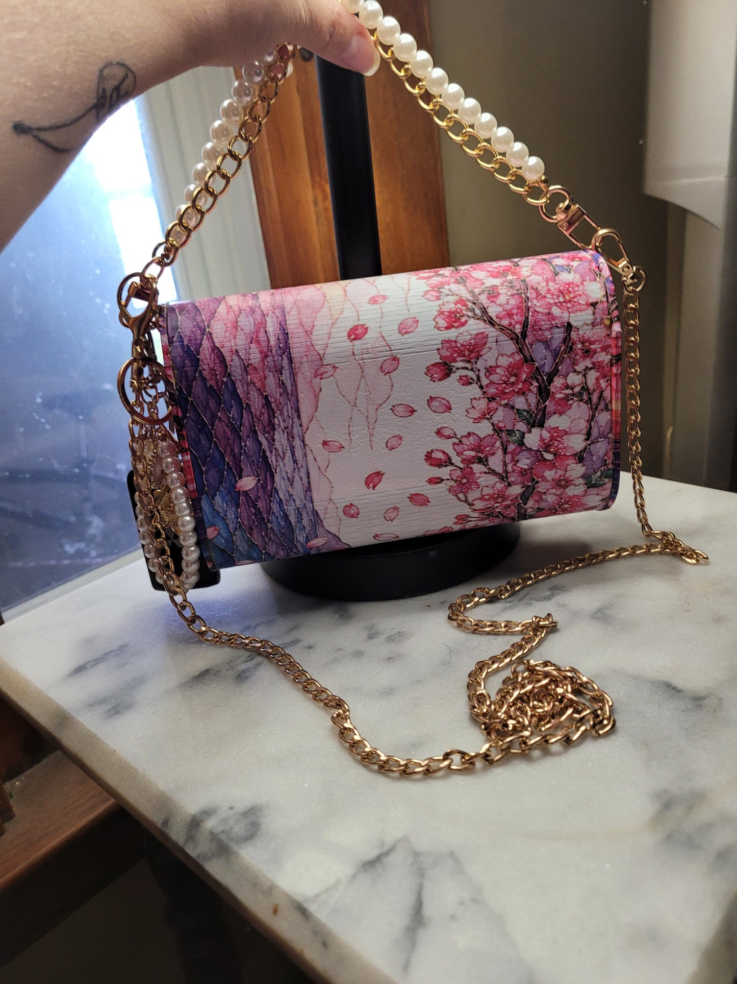 Cherry Blossom Boutique Wooden Crossbody Purse | Handmade Statement Bag | Gold Chain & Pearl Handle