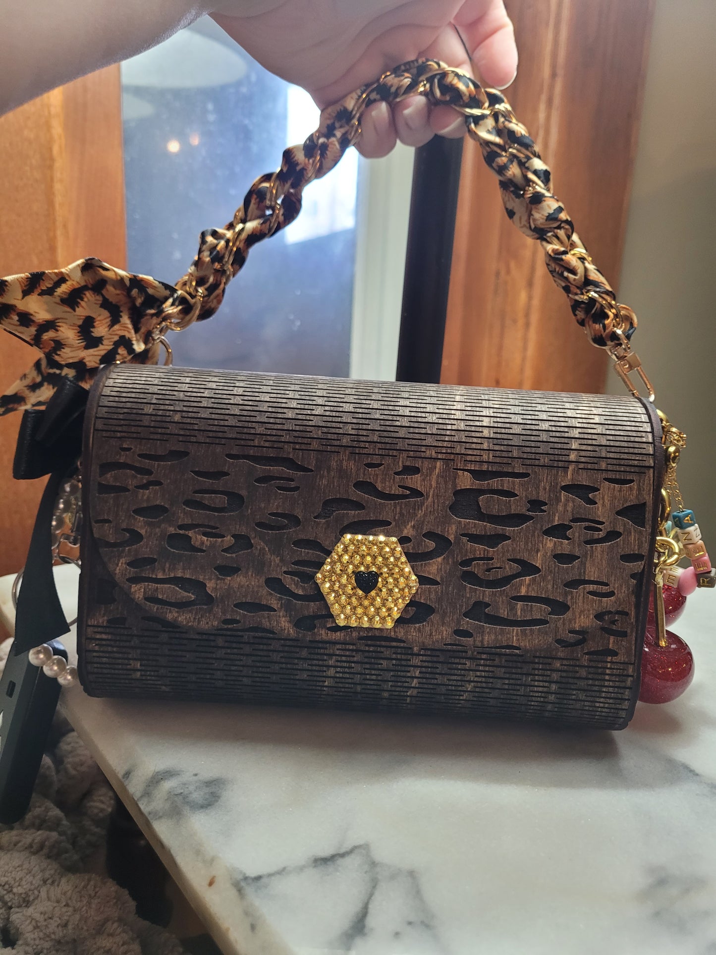 Leopard Print Wooden Clutch Purse – Handmade Wood Handbag with Gold Accent & Chain Strap