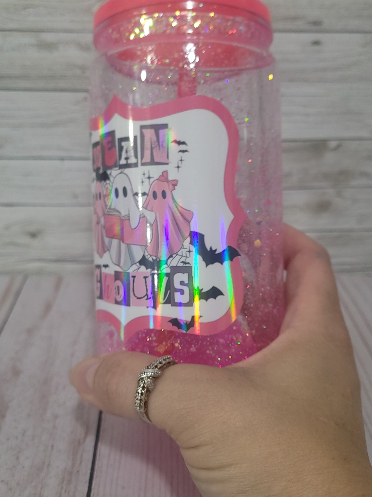 Mean Ghouls Glitter Tumbler with Straw | Pink Halloween Cup | Spooky Ghosts Drinkware
