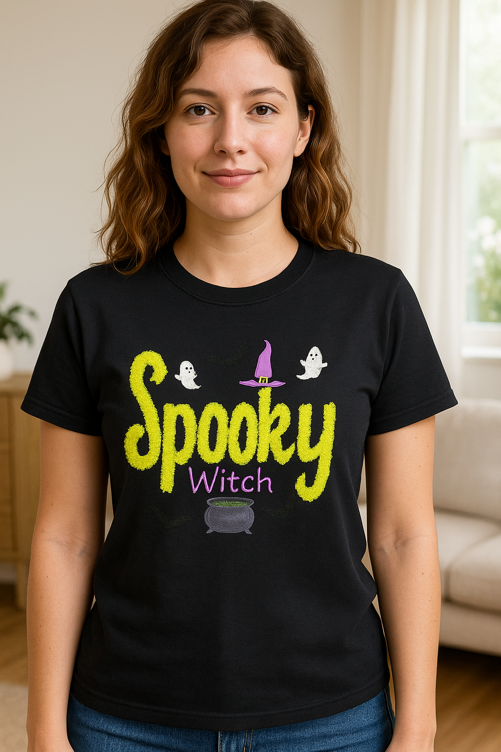 Spooky Witch Halloween T-Shirt – Cute Ghost & Witch Hat Graphic Tee – Fall Pumpkin Season Shirt for Women