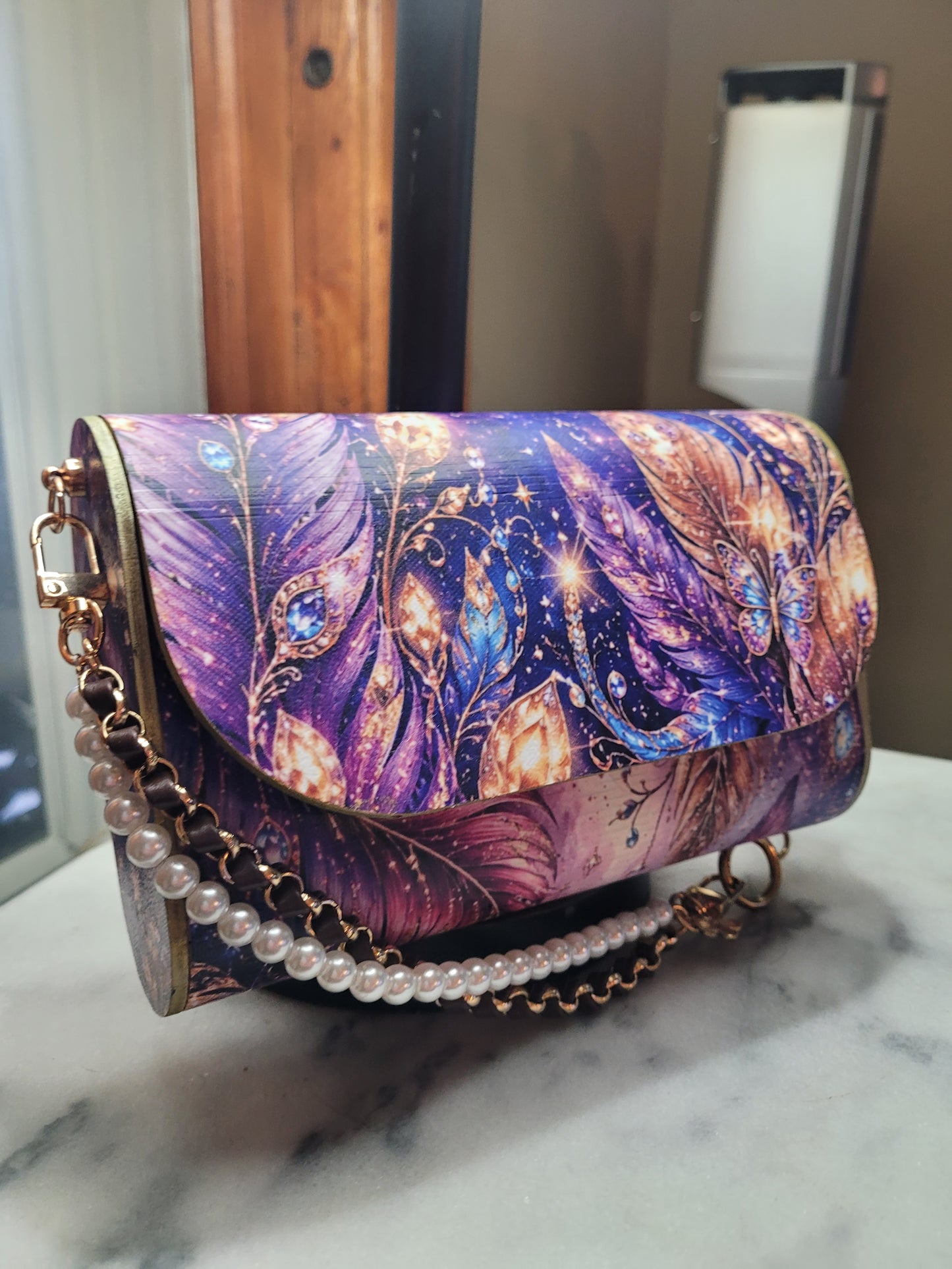 Enchanted Feather Butterfly Wooden Clutch Purse